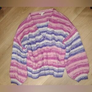Sincerely Jules Fuzzy Pink/ Purple Striped Slouchy Cardigan L
